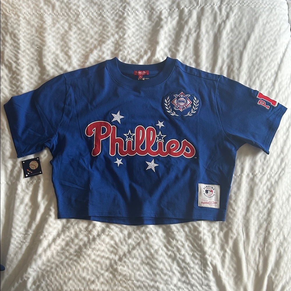 Philadelphia Phillies Mitchell & Ness Women’s Blue Pep Rally Boxy Crop Tee - NWT